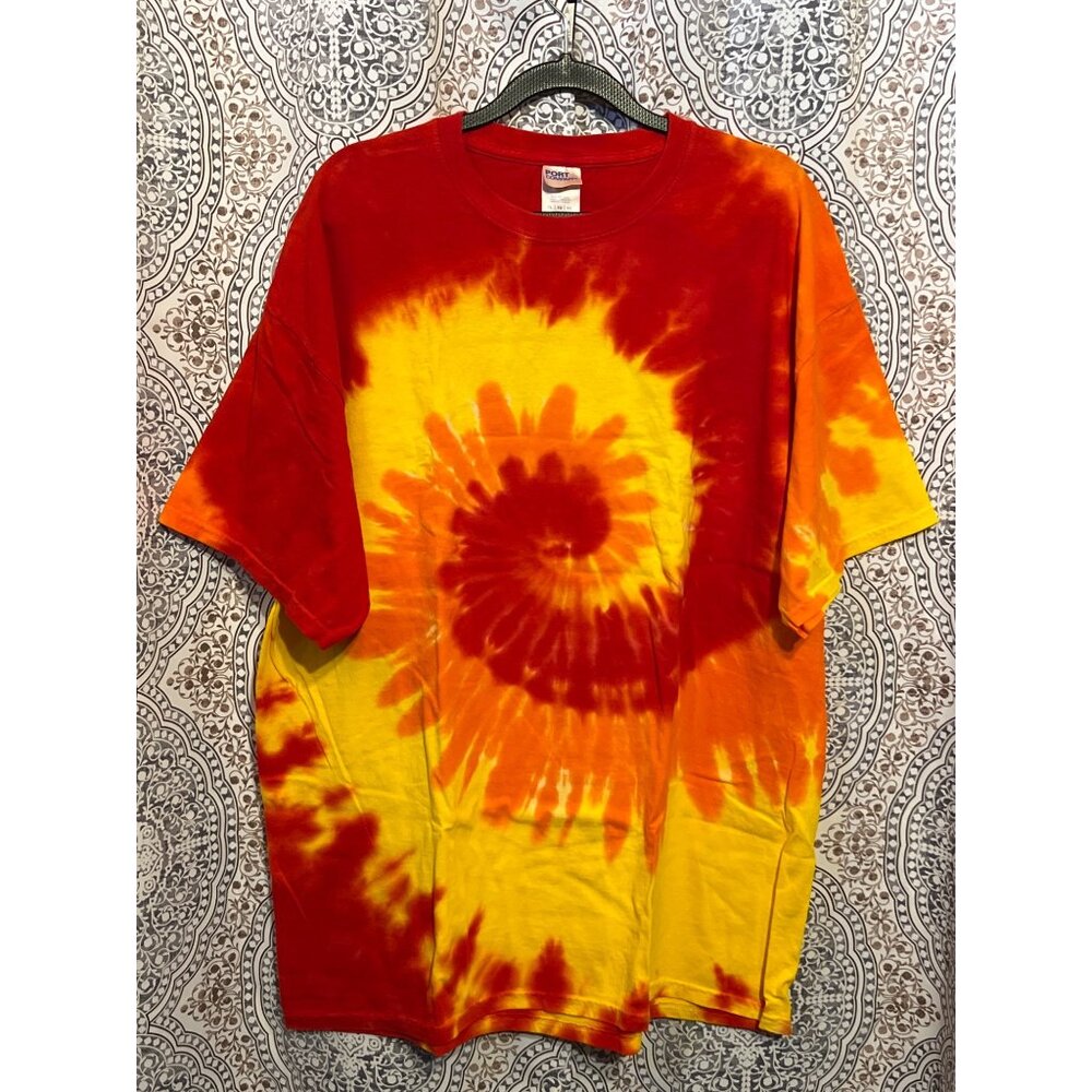 Tie-Dye Short Sleeve T-Shirt Red & Yellow Spiral Pattern 100% Cotton XL Unisex C